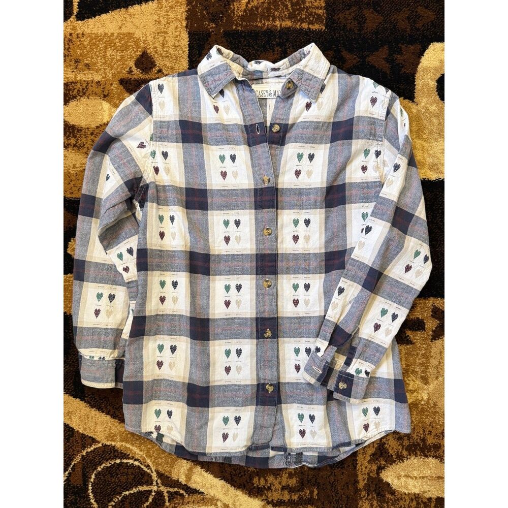 Vintage Casey & Max Plaid Button-Up Shirt, Heart Print, Cottagecore Flannel